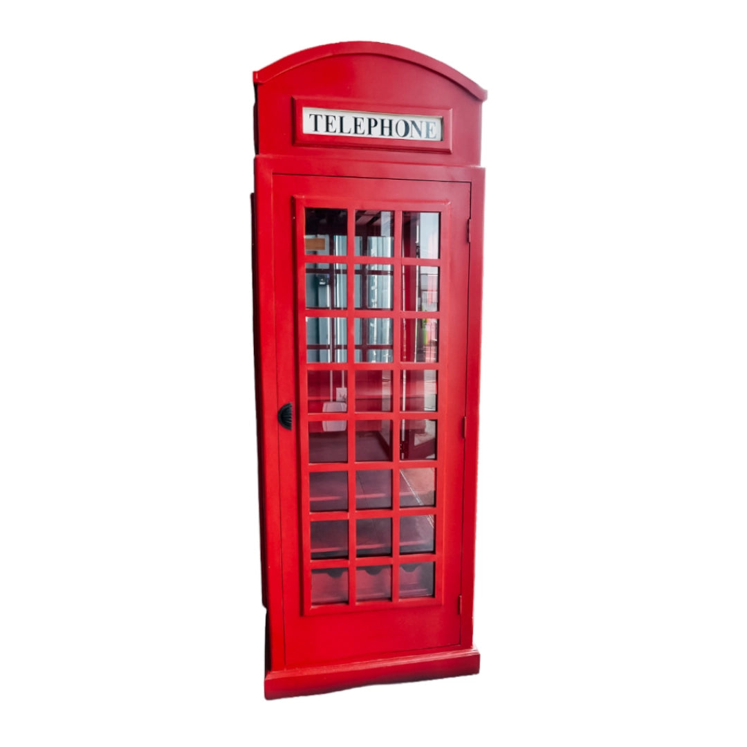 Red telephone booth with glass door on a white background