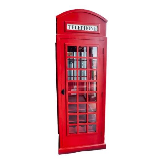 Red telephone booth with glass door on a white background