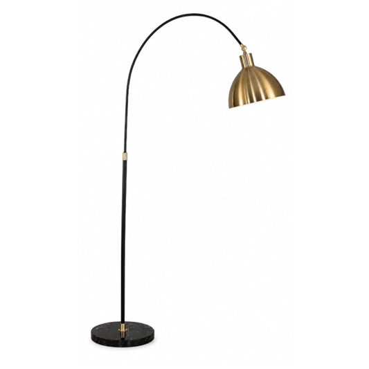 A modern floor lamp with a sleek black arched stand and a dome-shaped gold metal shade, set against a plain white background.