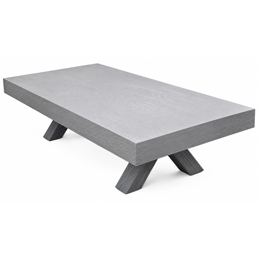 A modern rectangular coffee table with a light gray wood-grain top and dark gray angled legs, shown on a plain white background.