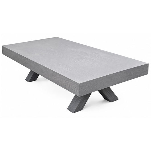 A modern rectangular coffee table with a light gray wood-grain top and dark gray angled legs, shown on a plain white background.