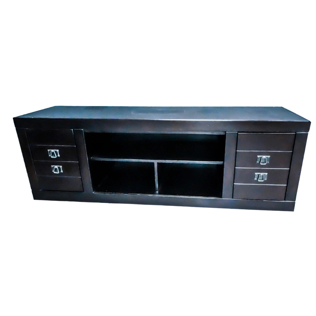 Black entertainment console with drawers on a white background