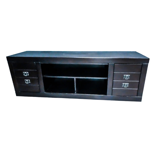 Black entertainment console with drawers on a white background