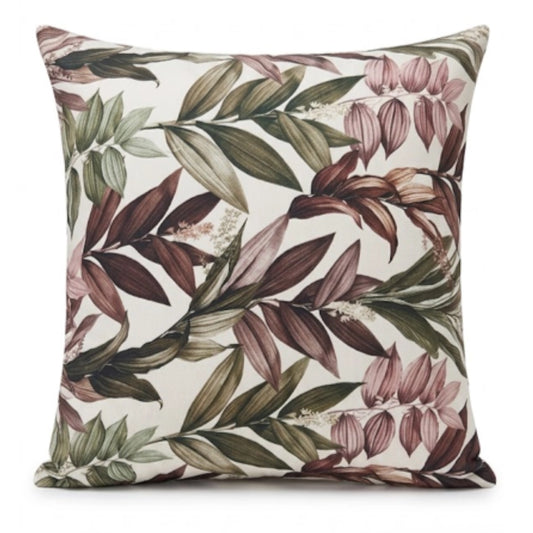 A square throw pillow featuring an elegant botanical pattern of leaves and orchids in muted shades of olive green, dusty rose, and brown on a warm cream background.
