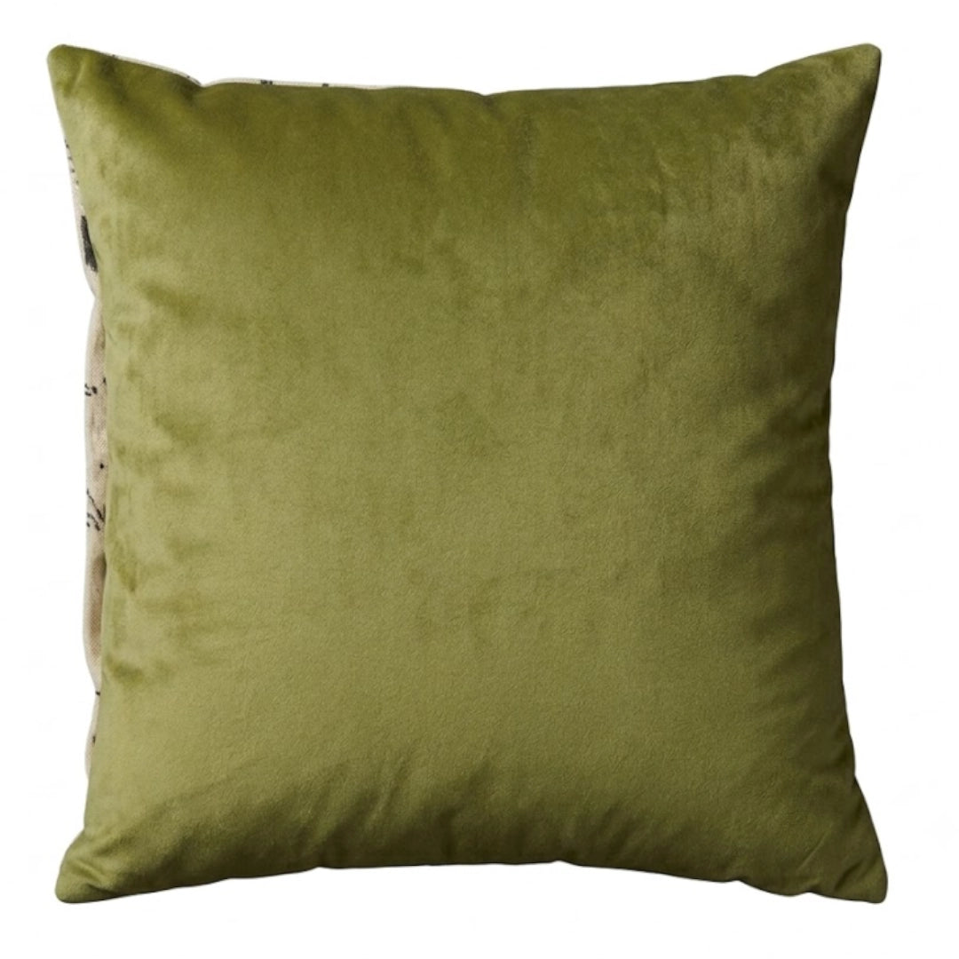 An olive green velvet throw pillow shown against a plain white background.