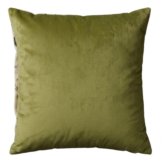 An olive green velvet throw pillow shown against a plain white background.