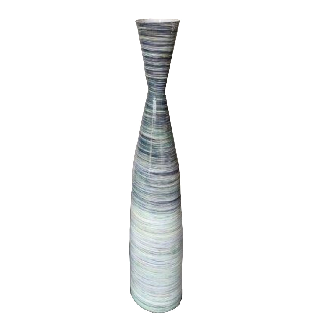 Tall, slender vase with ribbed texture on a white background