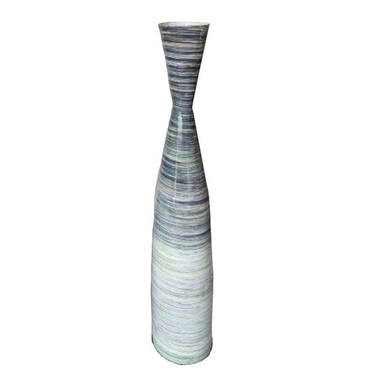 Tall, slender vase with ribbed texture on a white background
