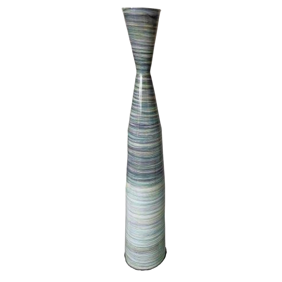 Tall, cylindrical vase with ribbed texture on a white background