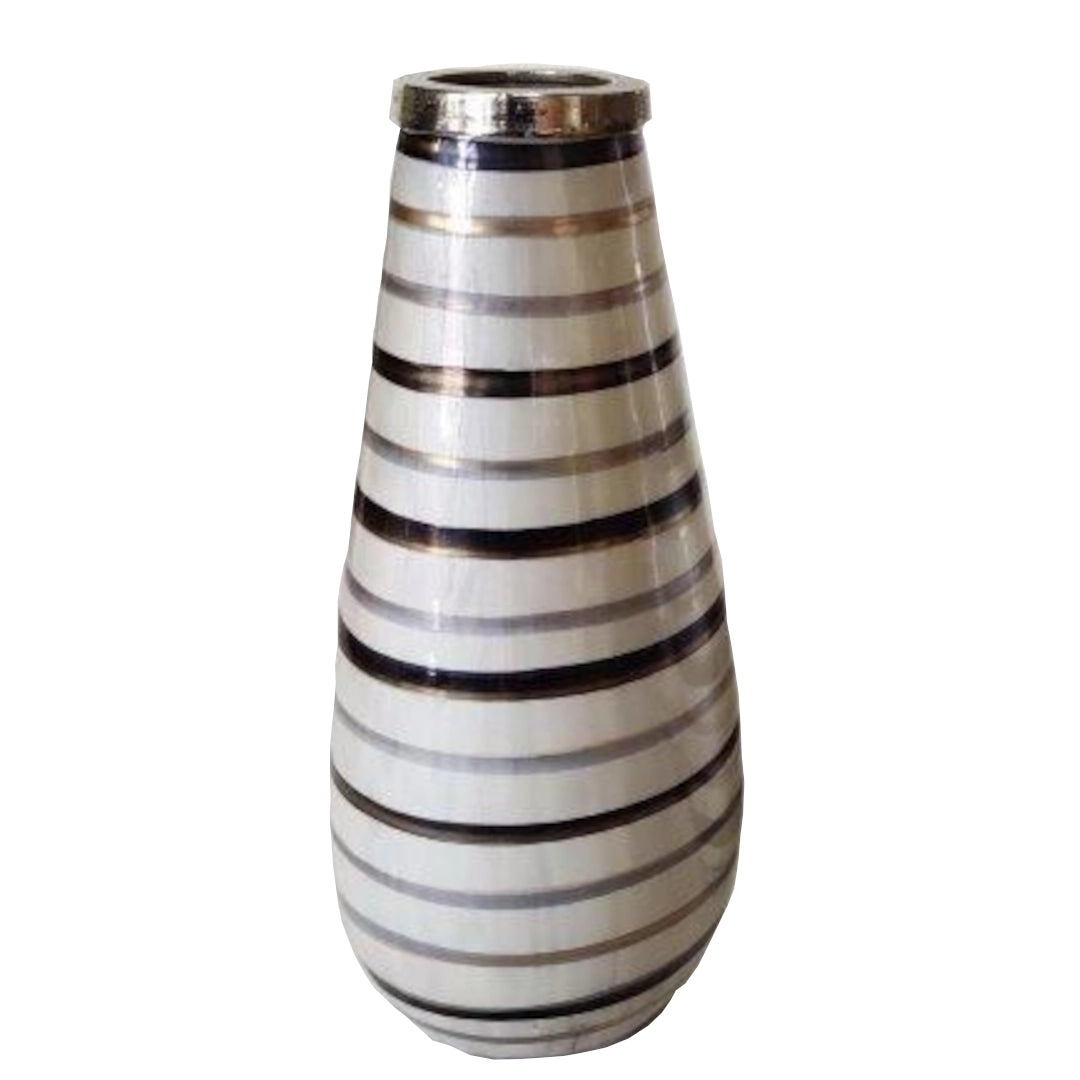 Striped vase with a metallic rim on a white background