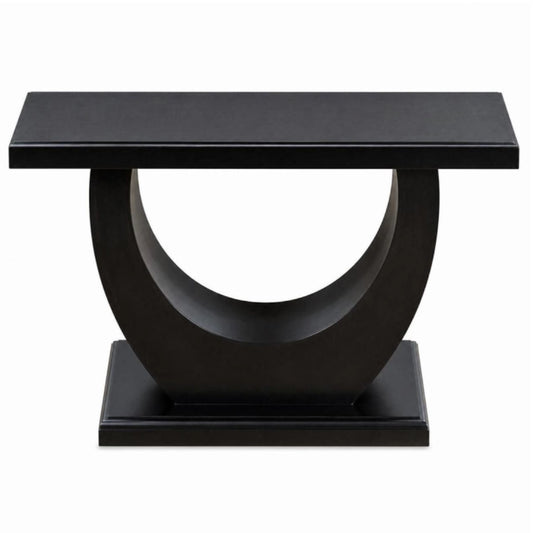 A modern black console table featuring a thick rectangular top, a large circular open-center base, and a square pedestal foot, shown against a plain white background.