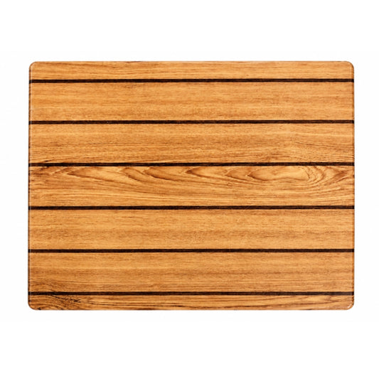 A rectangular wooden board with rounded corners and horizontal grooved slats, shown from above on a plain white background.