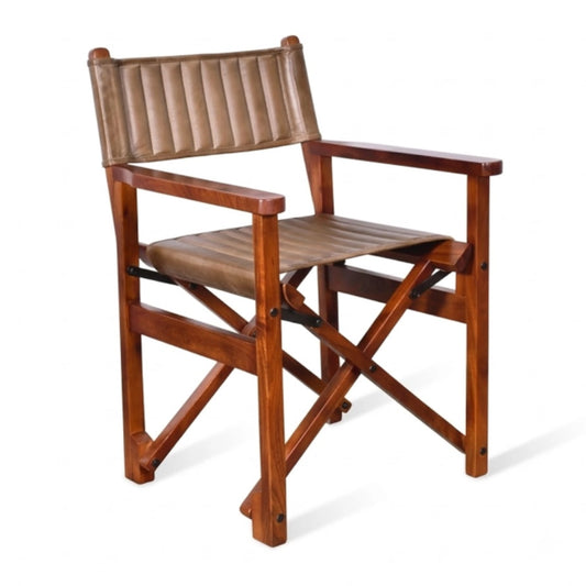 A wooden director-style chair with a slatted brown leather seat and a vertically channel-tufted backrest, shown on a plain white background.