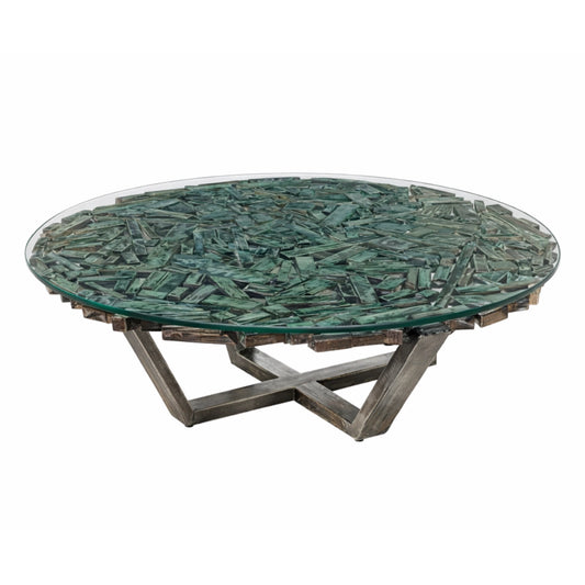 A round coffee table with a green mosaic tile top and a weathered gray metal base, shown against a plain white background.