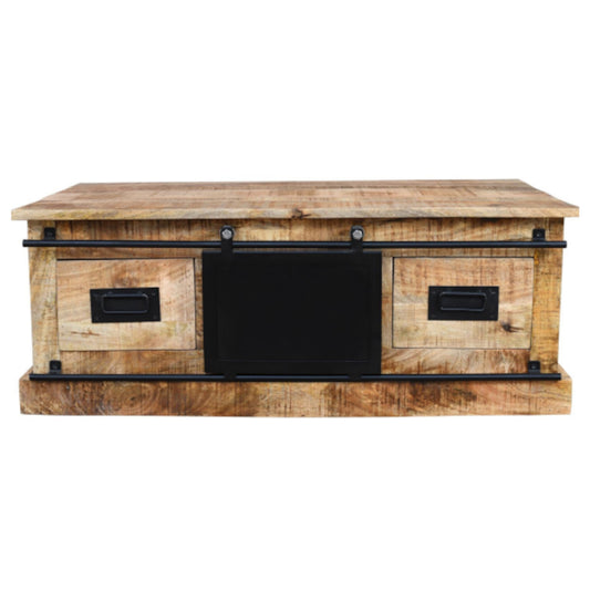 Wooden TV stand with sliding doors on a white background