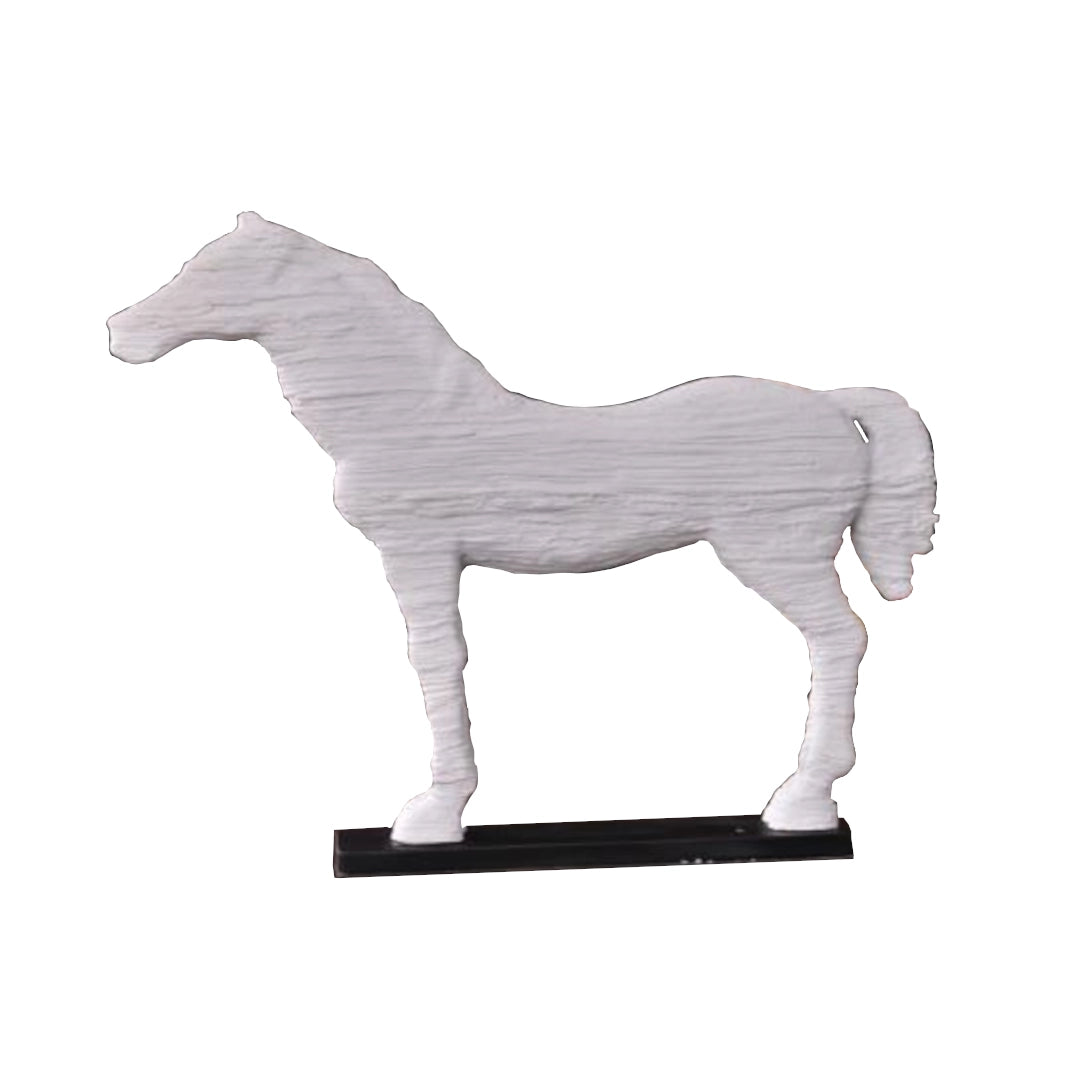White horse sculpture on a black base against a white background