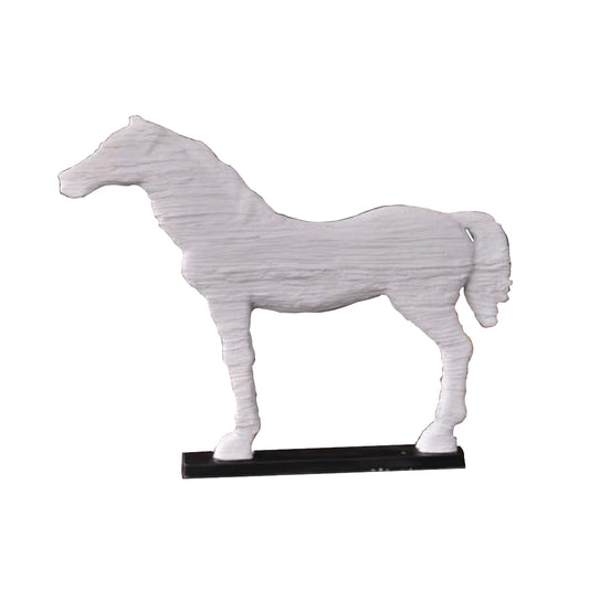White horse sculpture on a black base against a white background