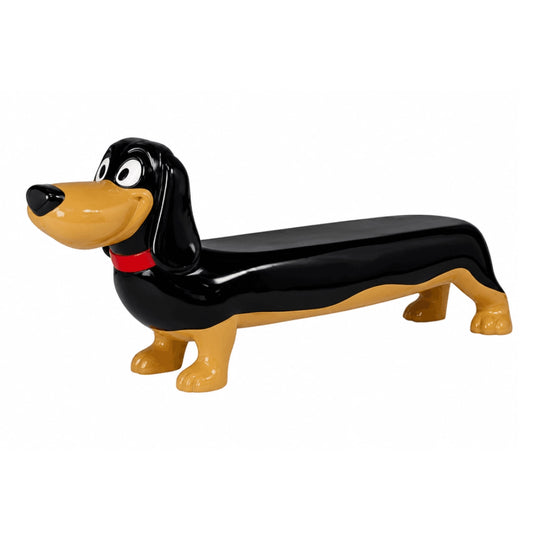 A glossy dachshund-shaped bench with a black body, tan face and legs, and a red collar, shown on a plain white background.