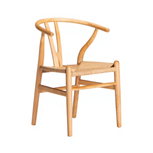 A light natural wood dining chair with a curved wishbone backrest and a woven seat, shown against a plain white background.
