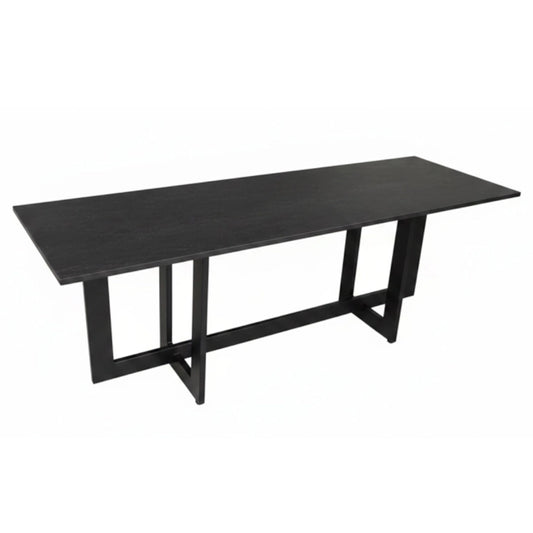 A modern black rectangular table with a dark wood-grain top and a geometric metal base, shown on a plain white background.