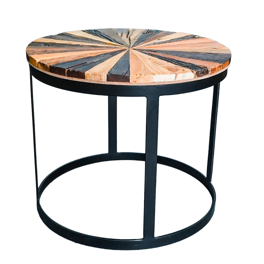 Round side table with a wooden top and black metal frame on a white background