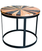 Round side table with a wooden top and black metal frame on a white background