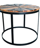 Round side table with a wooden top and black metal legs on a white background