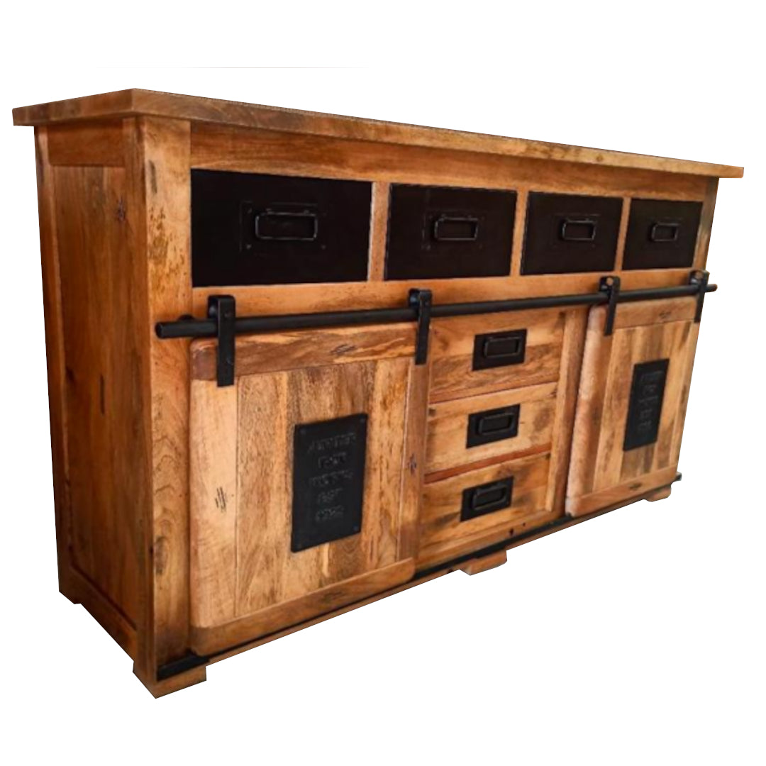 Wooden sideboard with black accents on a white background