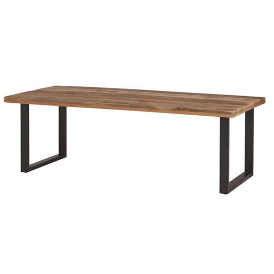 Wooden table with black metal legs on a white background