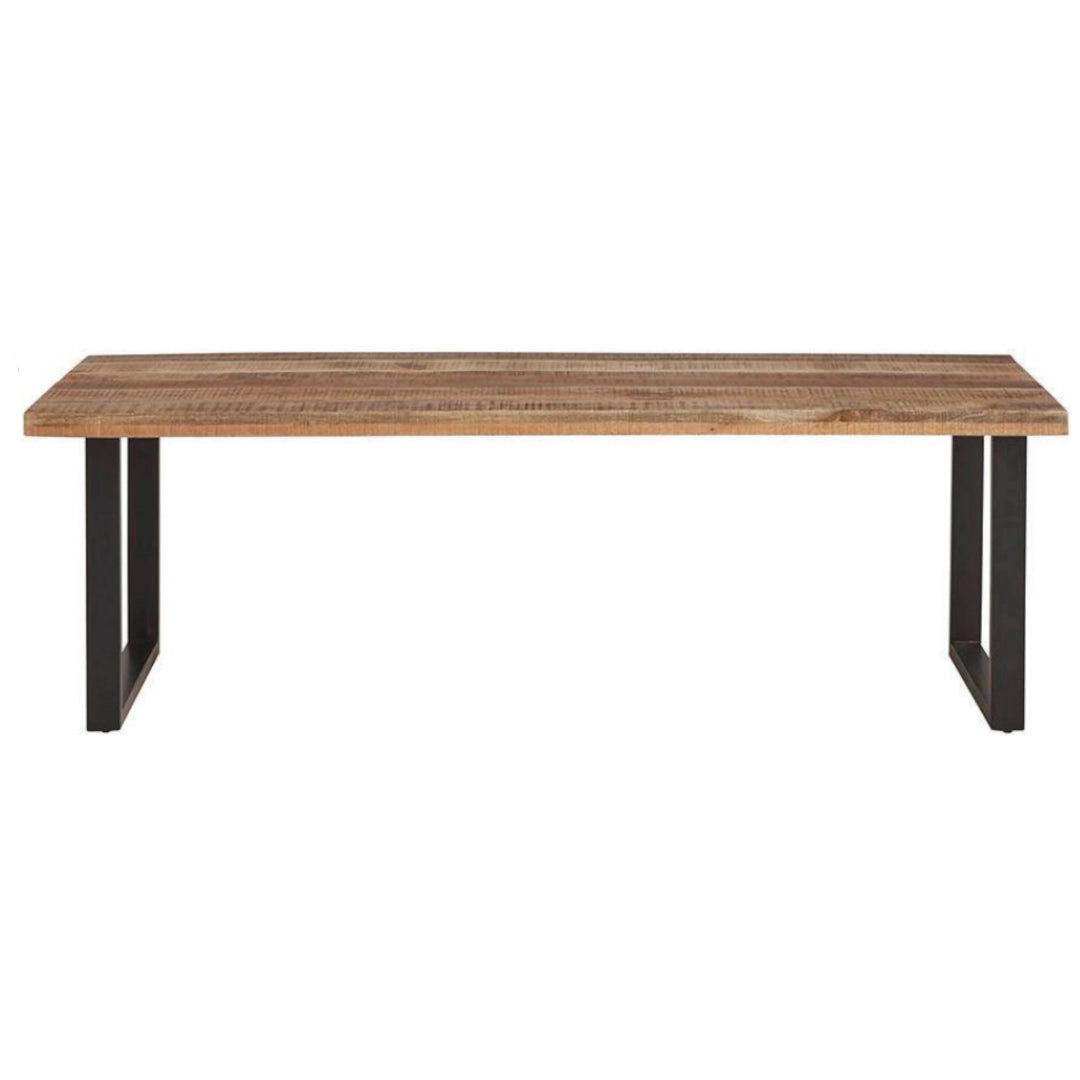Wooden table with black metal legs on a white background
