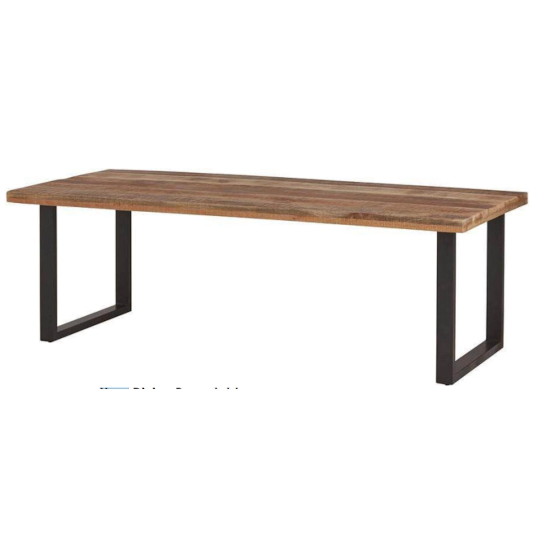 Wooden table with black metal legs on a white background