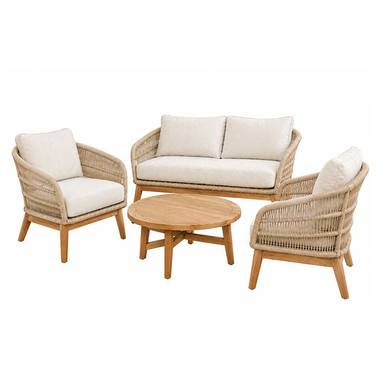 Zanzibar four-piece outdoor patio suite with sofa, two armchairs and round coffee table