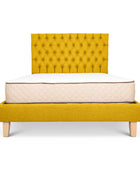 Arrowwood yellow linen Alexis bed base + deep buttoned headboard combo