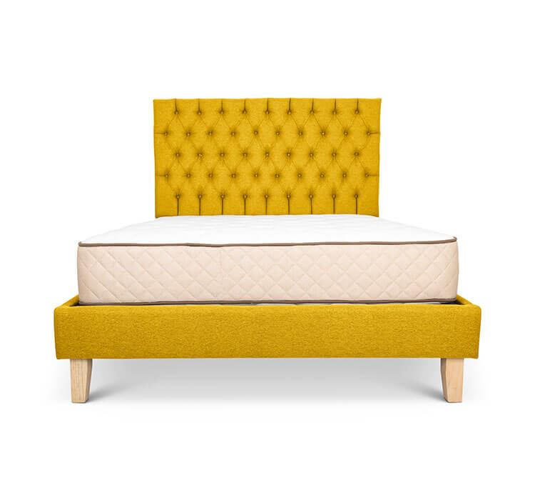 Arrowwood yellow linen Alexis bed base + deep buttoned headboard combo