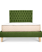 Avocado linen Alexis bed base + deep buttoned headboard combo