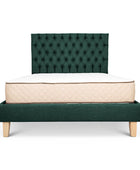 Jungle green linen Alexis bed base + deep buttoned headboard combo