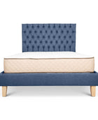 Midnight blue linen Alexis bed base + deep buttoned headboard combo