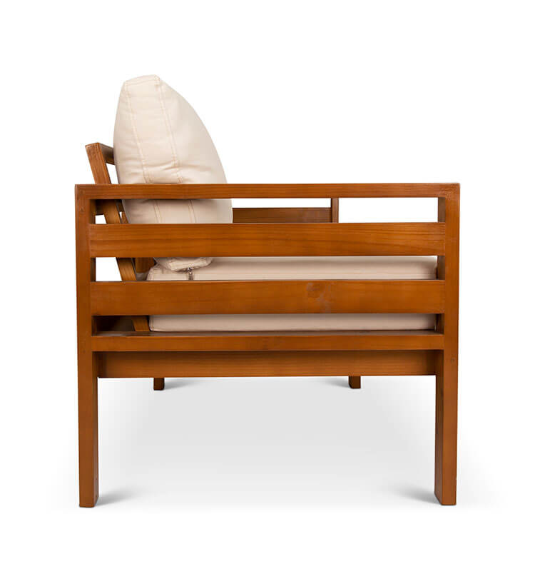 Classic patio three seater couch mahogany side view