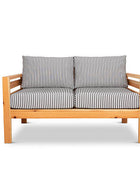 Classic outdoor two seater cedarwood couch with charcoal & white striped canvas cushions