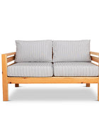 Classic outdoor two seater cedarwood couch with grey & white striped canvas cushions
