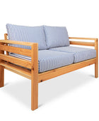 Classic outdoor two seater cedarwood couch with navy & white striped canvas cushions
