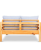 Classic outdoor two seater cedarwood couch with navy & white striped canvas cushions