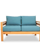 Classic outdoor two seater cedarwood couch with turquoise canvas cushions
