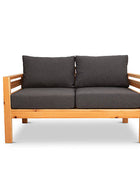 Classic outdoor two seater cedarwood couch with charcoal canvas cushions