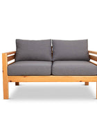 Classic outdoor two seater cedarwood couch with grey canvas cushions