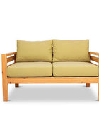 Classic outdoor two seater cedarwood couch with mustard canvas cushions