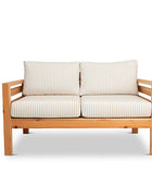 Classic outdoor two seater cedarwood couch with stone & white striped canvas cushions