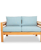Classic outdoor two seater cedarwood couch with turquoise & white striped canvas cushions