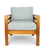 Pine patio armchair with green striped canvas cushions