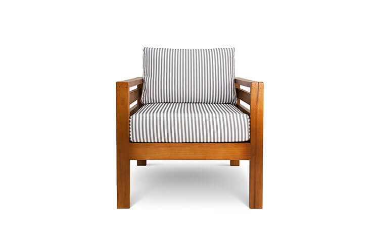 Pine patio armchair with grey striped canvas cushions